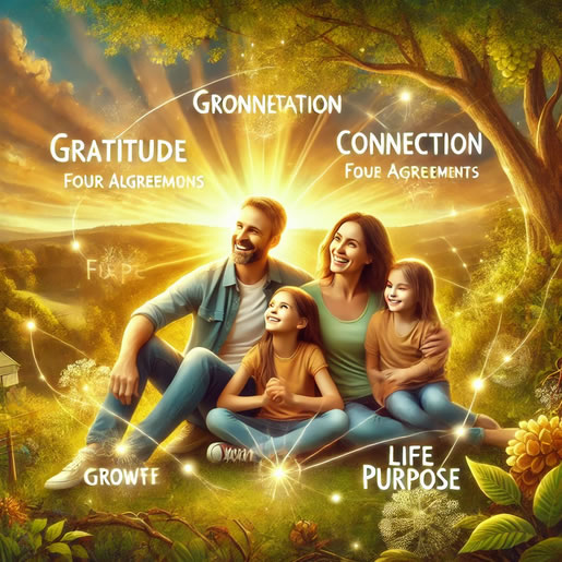 Visual Concept: A joyful family sitting together outdoors, surrounded by nature, with glowing words floating around them, such as “Gratitude,” “Connection,” “Four Agreements,” and “Purpose. Description: Learn how to be happy by adopting the Four Agreements and staying aligned with your purpose. I Am Hub guides you toward lasting joy and family success, #howtobehappy #whatshouldido #rememberthishouse #whatisfinancialliteracy #thetotallyhealthyperson #happytobeanassistance #basicsoffinance #benefitsoffinancialliteracy #whatisdigitalcreator #empowermentandmentalhealth #iamhub