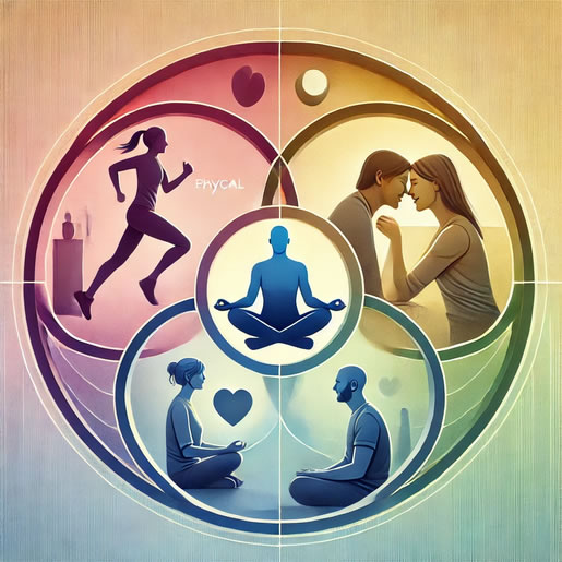 Visual Concept: Three interconnected circles representing physical, mental, and emotional health, with images within each circle: a person exercising, meditating, and smiling while interacting with others Description: Achieve balance in your physical, mental, and emotional health. At I Am Hub, we promote holistic practices to help you stay centered and resilient in all aspects of life, #PhysicalMentalandEmotionaHealth #iamhub #whatstateamiin #learnhowtolearn #amitheonlyone #anotherwaytosaysupport #whatdoesiammean #iamwhoiam #SustainableSuccess #EmpowermentJourney #PeaceElluvasun #FourAgreements #IAMHubPrinciples