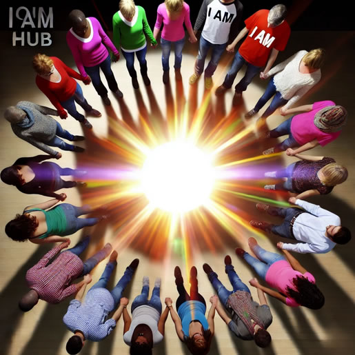 Visual Concept: A diverse group of people standing in a circle, holding hands and facing outward, with radiant light emanating from the center, symbolizing unity and collective empowerment, Description: Join I Am Hub and become part of a community focused on empowerment, financial growth, and self-discovery. Together, we unlock your full potential, #joiniamhub #whoistheiam #wealthbuildingandfamilystructure #peace #PeaceElluvasunallahcushel