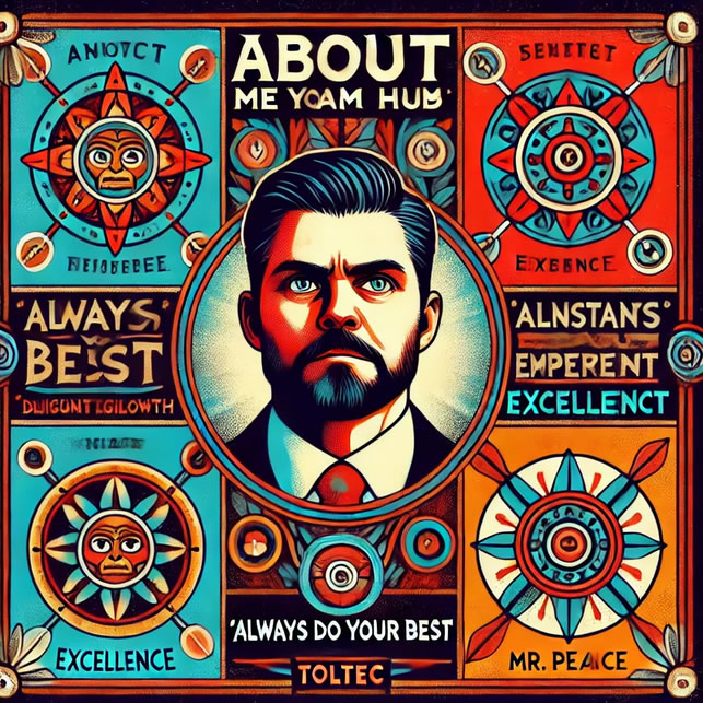 This Toltec-inspired image of Mr. Peace in the 'About Me I Am Hub' section embodies the fourth agreement, 'Always Do Your Best.' The artwork reflects Mr. Peace's commitment to self-improvement and the relentless pursuit of excellence, a core value that inspires the I Am Hub community. Surrounded by symbols of diligence and continuous development, this image serves as a motivational reminder to strive for excellence in every endeavor #IAMHub #AlwaysDoYourBest #SelfImprovement #PersonalExcellence #RelentlessGrowth #CommunityImpact #SelfMastery #SustainableSuccess #EmpowermentJourney #PeaceElluvasun #FourAgreements #IAMHubPrinciples