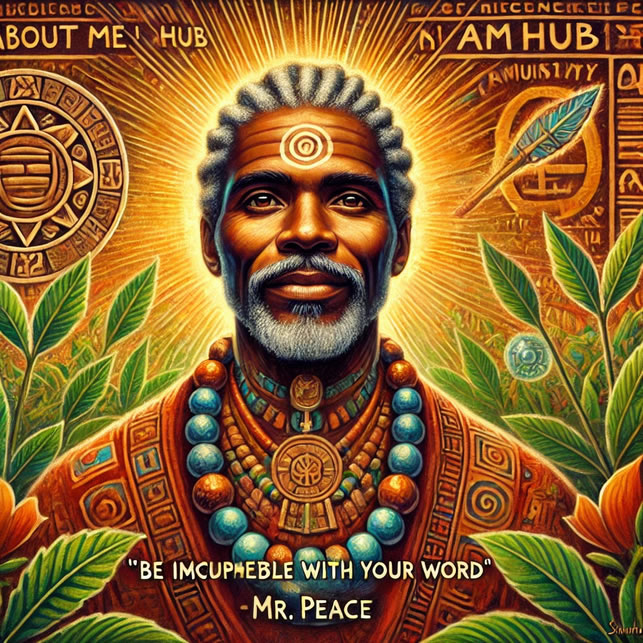 This Toltec-inspired image of Mr. Peace in the 'About Me I Am Hub' section captures the essence of the first agreement, 'Be impeccable with your word.' Visual: The artwork reflects Mr. Peace's journey towards positivity and integrity, highlighting the transformative power of words in creating a reality filled with honesty and action. Surrounded by Toltec symbols, this image is a visual representation of wisdom, truth, and the positive energy that guides the I Am Hub community #AboutMe #IAMHub #CommunityEmpowerment #PersonalGrowth #SelfMastery #TransformationalJourney #MrPeace #PeaceElluvasunAllahCushEl #EmpowermentThroughCommunity #HolisticDevelopment