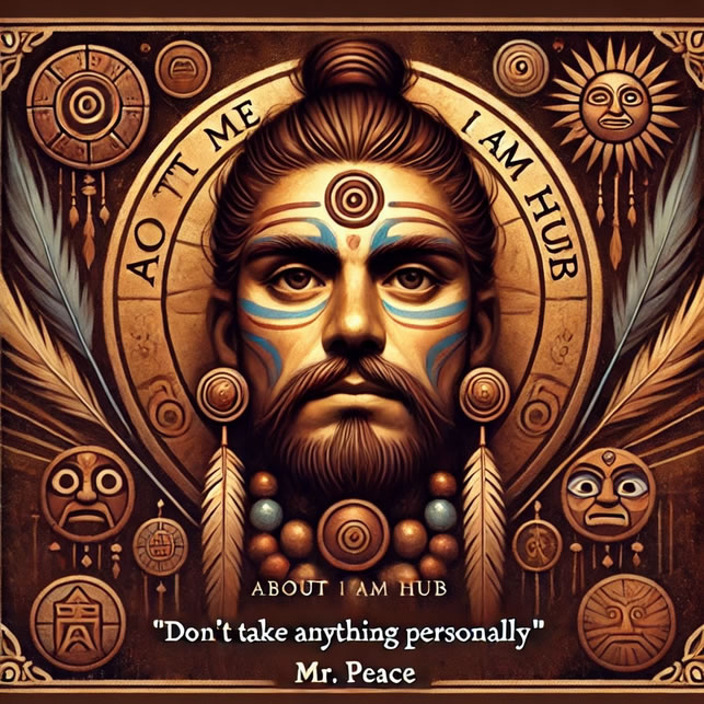 This Toltec-inspired image of Mr. Peace in the 'About Me I Am Hub' section embodies the wisdom of the second agreement, 'Don't take anything personally.' Visual: The artwork reflects Mr. Peace's resilience and ability to rise above external challenges, promoting emotional freedom and self-confidence. Surrounded by symbols of strength and protection, this image visually represents the inner peace and fortitude that guide the I Am Hub community #DontTakeAnyThingPersonally #EmotionalResilience #SelfEmpowerment #InnerStrength #OvercomeChallenges #EmotionalIndependence #AboutMe, #iamhub #whoistheiam?, #MrPeace, #MrHub, #PeaceElluvasunAllahCushEl