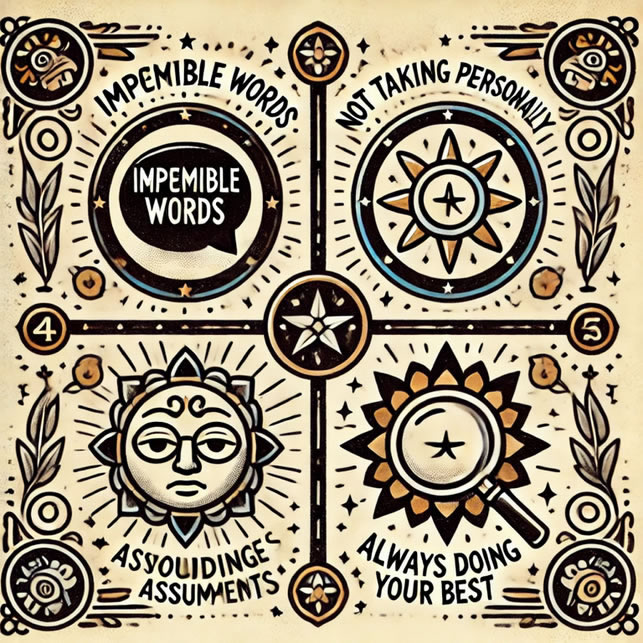 The Four Agreements sholds always be used for good, Four distinct icons or illustrations representing each of the Four Agreements. For example, Be Impeccable with your wise words ways and actions, make your word bond because bond is life, Take Nothing Personal, We are all in our earth suite, food clothing shelter is what we need to maintain our Earth Suite, We take Nothing Personal becuase we are all a master peace and nothing you do or say can offend us personally,Assume Nothing, Do the knowledge when we stop look listen and observe, Allways Do Your best, We Shine WhenYou Do Your Best, #iamhub #beimpeccablewithyourword #takenothingpersonal #assumenothing #allwaydoyourbest #benefitsofminorityownedbusiness #empowermentwhatdoesitmean #howtobehappy #howtolearnaboutfinance